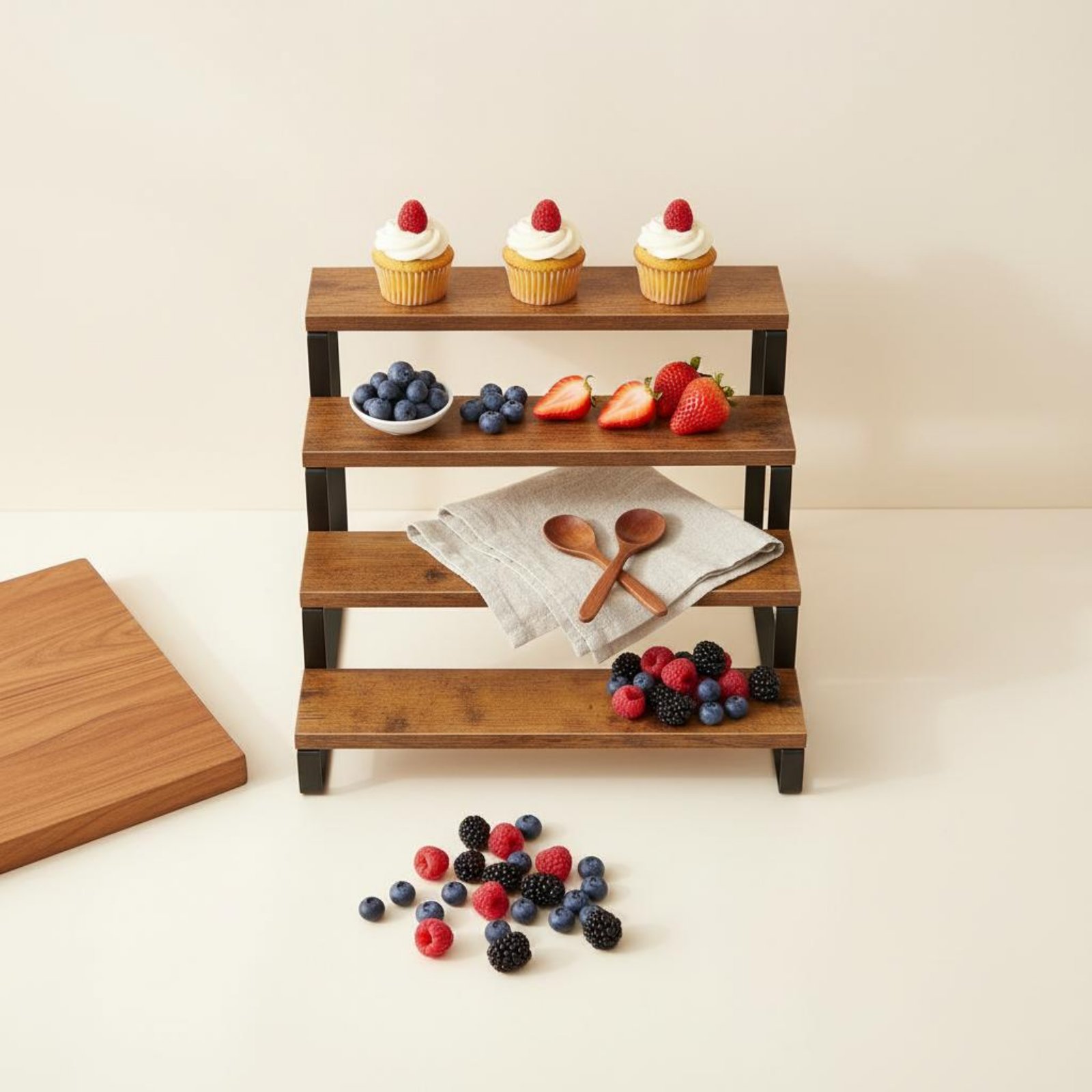 Display Risers Set - 4-stufiger Präsentationsständer, platzsparender hölzerner Dessertständer, mehrstufiger